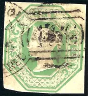 GB QV SG54 1/- Pale green with 4 good clear mArgins and liverpool (466) registered spoon cancel (RA71). SG Cat £1000