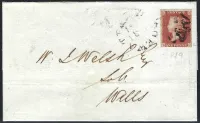 GB qv as57 1d red plate 9 (DG) (penny black plate) on wrapper to wells.
